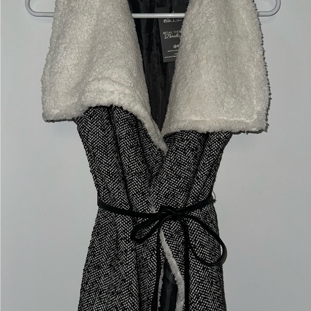 Black and White Herringbone Vest with Faux Fur Collar